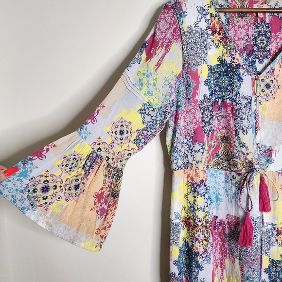 Reba Vintage Boho Patchwork Multi Print Bell Sleeve Midi Dress Med Garden Girl - Picture 3 of 13